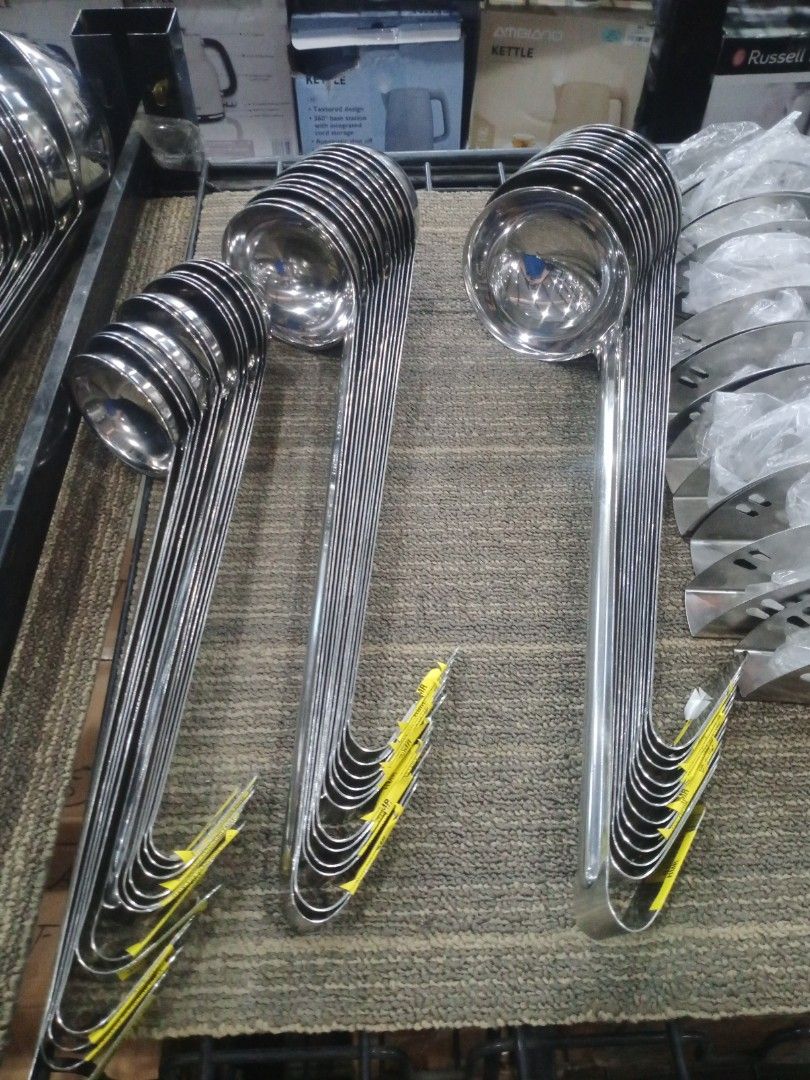 Stainless Steel Kitchen Ladles Soup Spoons Multiple Sizes (Category: Dinnerware & Cutlery) located in Manila. Submitted by barbielyn23 (Listing ID 1470640034, Image 2). Description: - Material: Premium stainless steel with a polished silver finish - Design: Long handles featuring curved hooks for easy hanging and storage - Variety: Multiple bowl sizes available from a large collection - Versatility: Ideal for home cooking, restaurants, and cateri