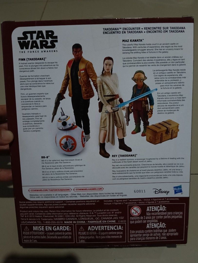 Star Wars: The Force Awakens Takodana Encounter (Category: Looking For) located in Iloilo. Submitted by iam_thirftgi (Listing ID 1470700589, Image 2). Description: 3.75-inch action figure 4-pack included figures Rey, Finn, Mas Kanata, BB-8 and accessories by Hasbro released in 2015 Sealed, decluttering stuff Bought from Singapore.