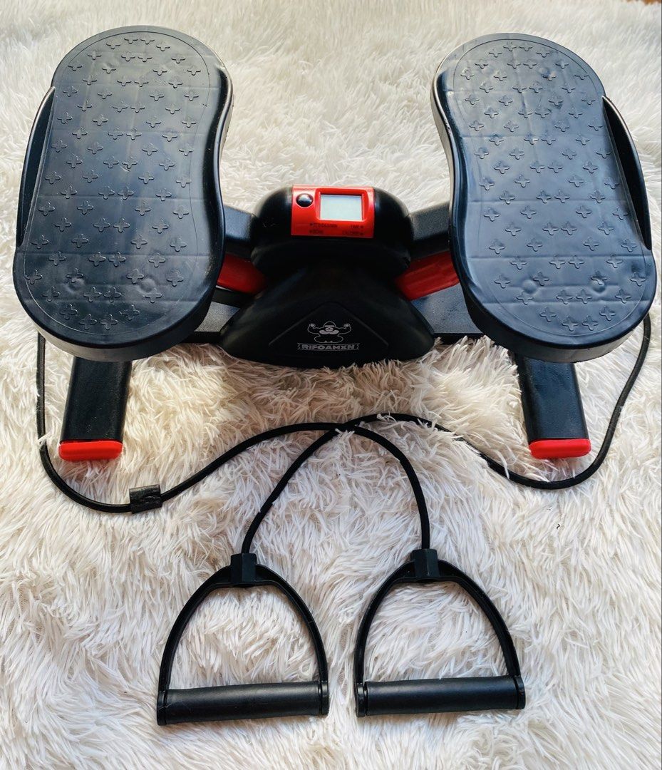 Stepper with Resistance Bands (Category: Cardio & Fitness Machines) located in Gattaran. Submitted by thrift_wiseph (Listing ID 1470638570, Image 1). Description: - Brand: RIFOAMXN - Compact and space-saving design, perfect for home workouts - Textured non-slip foot pedals for safety and stability - Built-in digital monitor to track strides per minute, time, and calories burned - Includes detachable resistance bands with black handles for upper b