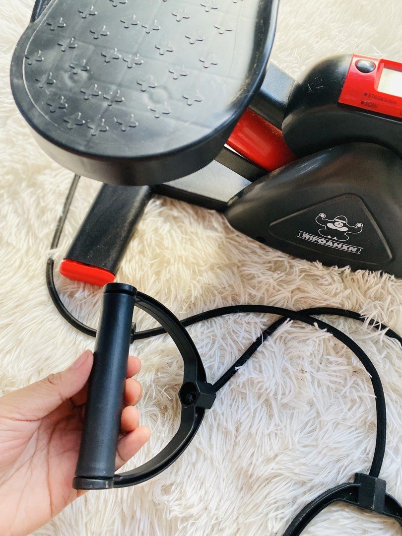 Stepper with Resistance Bands (Category: Cardio & Fitness Machines) located in Gattaran. Submitted by thrift_wiseph (Listing ID 1470638570, Image 3). Description: - Brand: RIFOAMXN - Compact and space-saving design, perfect for home workouts - Textured non-slip foot pedals for safety and stability - Built-in digital monitor to track strides per minute, time, and calories burned - Includes detachable resistance bands with black handles for upper b