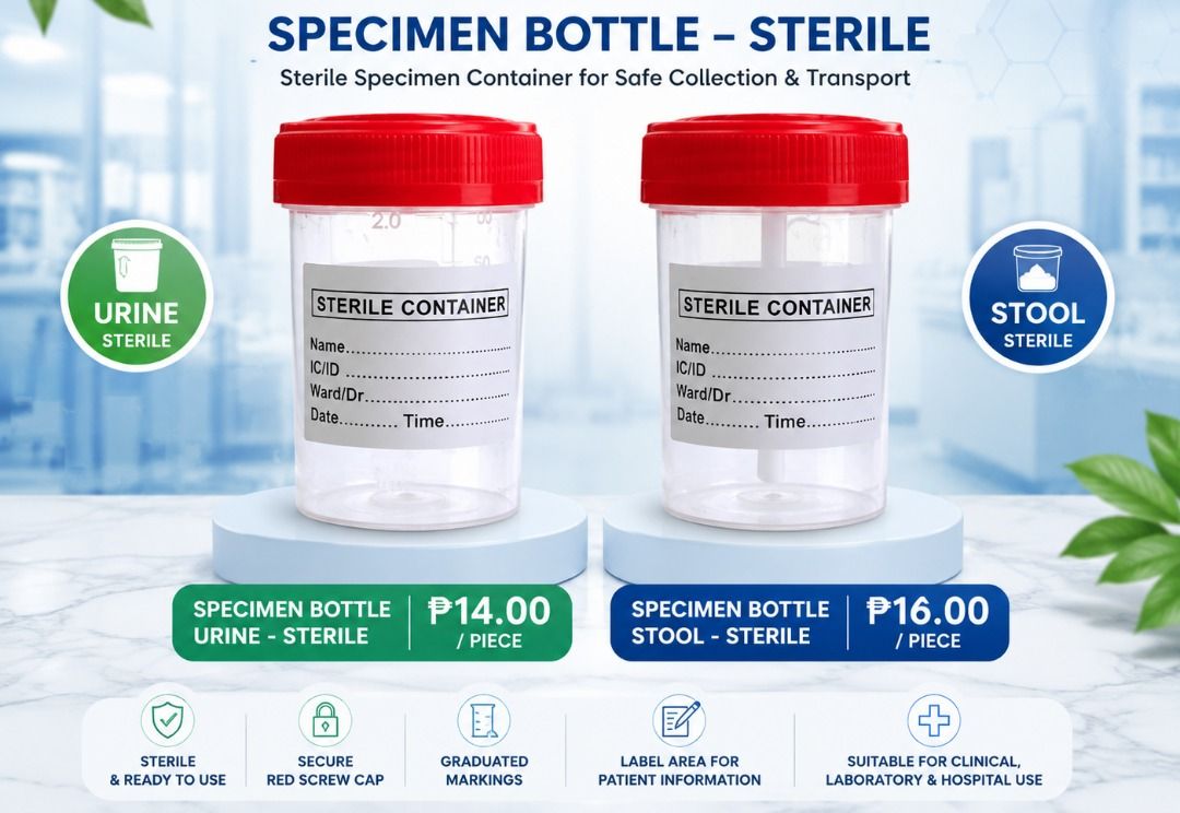 Sterile Specimen Container Urine and Stool Bottle (Category: Medical Supplies & Tools) located in Manila. Submitted by rjsmilkyways (Listing ID 1470571873, Image 1). Description: - Sterile specimen bottles designed for safe sample collection and transport - Secure red screw cap closure prevents leaks and contamination - Clear graduated markings for easy volume tracking - Built-in patient information label area for convenient writing - Urine versi