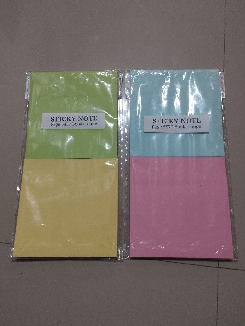 Sticky Notes Self-Adhesive Assorted Colors (Category: Stationery & School Supplies) located in Bulacan. Submitted by page5877bookshoppe (Listing ID 1470599542, Image 1). Description: - Assorted pastel and bright sticky notes - Self-adhesive and removable paper sheets - Ideal for reminders, studying, and bookmarking - Available in square and rectangular layouts - Essential stationery for office, school, or home organization - Multiple packs availa