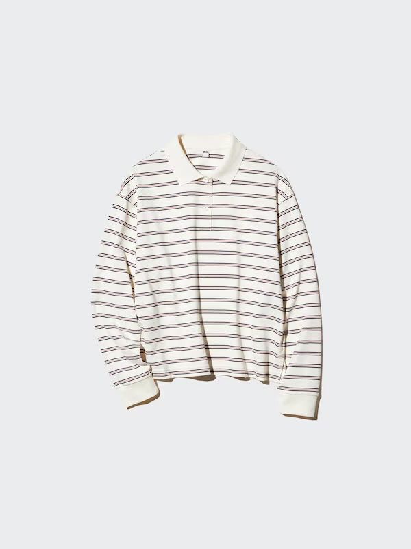 Striped Long Sleeve Polo Shirt (Category: Tshirts & Polo Shirts ) located in San Juan, La Union. Submitted by gi44s (Listing ID 1470694542, Image 1). Description: - Color: Cream with dark red and navy horizontal stripes - Style: Classic collar, button front placket, and ribbed cuffs - Fit: Relaxed fit for effortless everyday wear - Design: Clean aesthetic and versatile look - Condition: Brand new / Excellent quality.