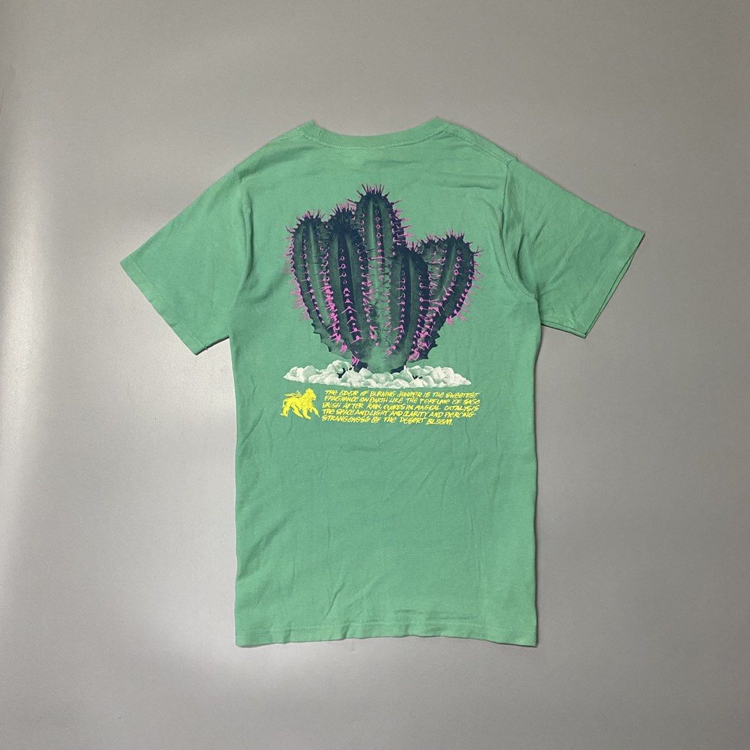 Stüssy Cactus Graphic Tee Mint Green Size S (Category: Tshirts & Polo Shirts ) located in Pagadian. Submitted by 420thriftclothes (Listing ID 1470728836, Image 1). Description: - Brand: Stüssy - Color: Mint green - Size: Small (Made in Mexico) - Design: Small cactus print on left chest; large matching cactus artwork with yellow text block on the back - Details: Crew neckline, standard straight hem - Condition: Clean fabric texture, well-maintaine