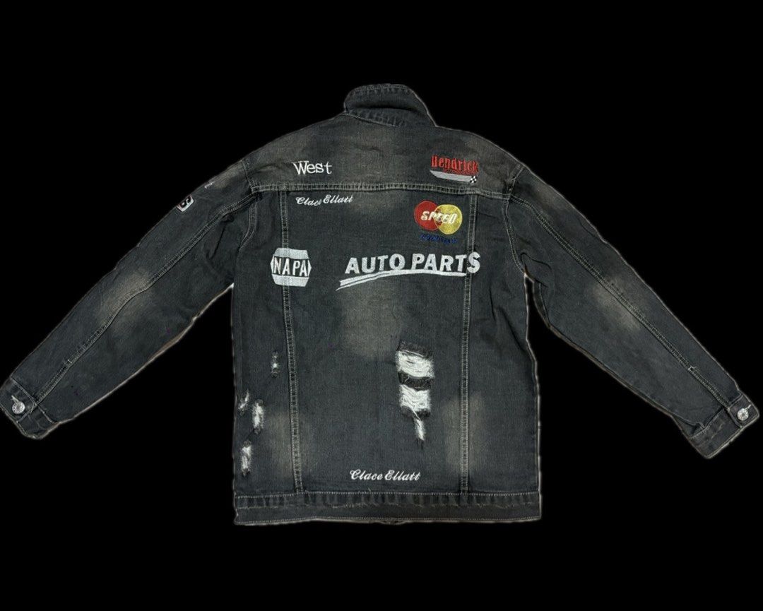 Stussy Vengeance Black Distressed Denim Jacket (Category: Coats, Jackets and Outerwear) located in Baguio. Submitted by sainz55 (Listing ID 1470740480, Image 2). Description: unisex! used this once lang heavy wash black distressed denim front deets includes different patches metal button closure sleeve deets includes F1, Dunlop, etc graphics back deets includes large Auto Parts lettering with embroidered sponsor patches (Napa, West, etc.) .
