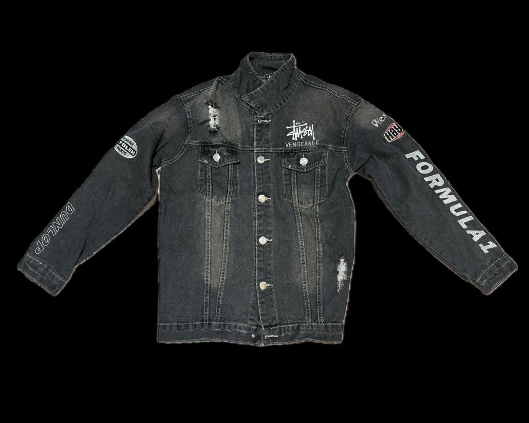 Stussy Vengeance Black Distressed Denim Jacket (Category: Coats, Jackets and Outerwear) located in Baguio. Submitted by sainz55 (Listing ID 1470740480, Image 1). Description: unisex! used this once lang heavy wash black distressed denim front deets includes different patches metal button closure sleeve deets includes F1, Dunlop, etc graphics back deets includes large Auto Parts lettering with embroidered sponsor patches (Napa, West, etc.) .