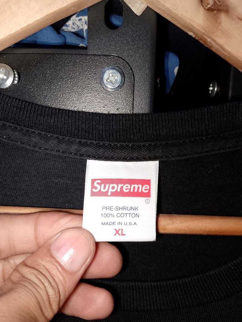Supreme Black Graphic Tee Size XL (Category: Tshirts & Polo Shirts ) located in Manila. Submitted by mjthrifted_second (Listing ID 1470615610, Image 3). Description: - Brand: Supreme - Color: Black - Size: XL -Dimes: 25/30 - Material: 100% pre-shrunk cotton, Made in U.S.A. - Fit: Standard short sleeve crew neck - Front Design: Large abstract artwork graphic with small red Supreme box logo - Back Design: Large white handwritten-style Supreme lette