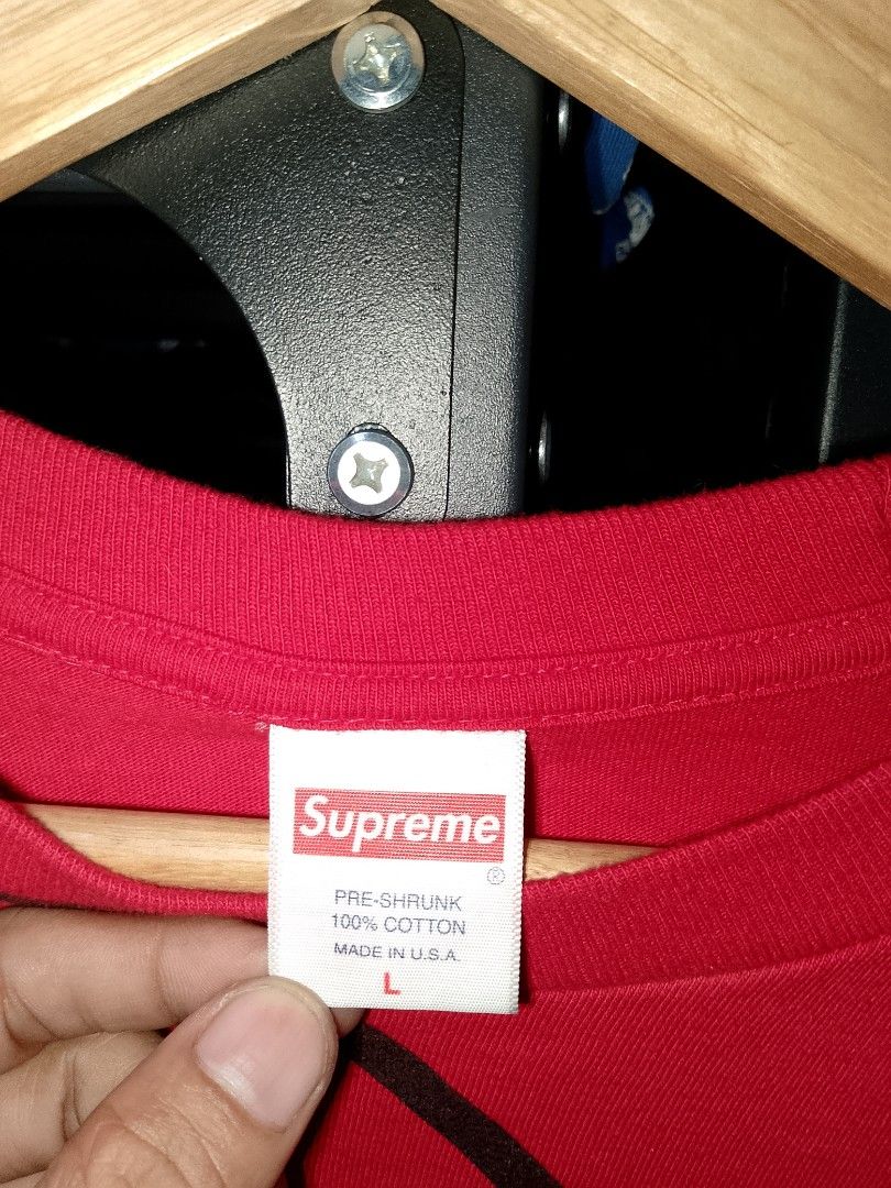 Supreme Smurfs Red T-Shirt (Category: Tshirts & Polo Shirts ) located in Manila. Submitted by mjthrifted_second (Listing ID 1470616628, Image 3). Description: - Brand: Supreme x Smurfs (Official 2020 Collaboration) - Color: Bright Red - Size: Large (tag attached) -Dimes: 22.5/29 - Material: Made in USA cotton - Design: Large graphic print on front and back - Style: Short sleeves, crew neck, casual streetwear.