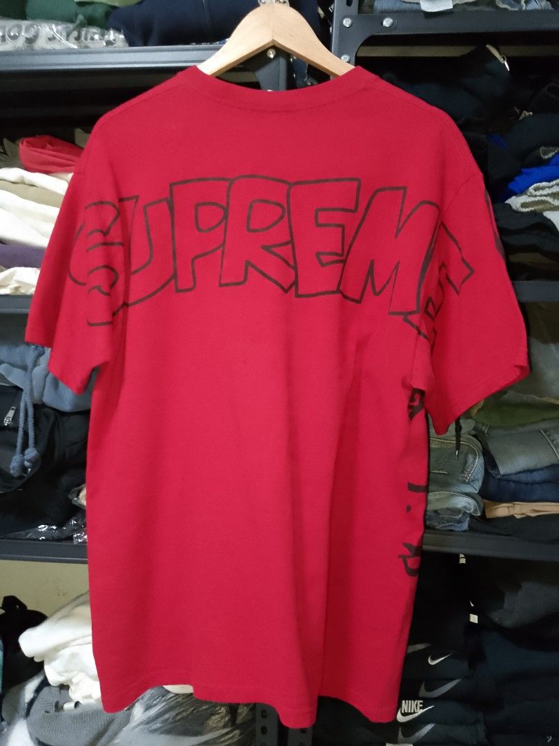 Supreme Smurfs Red T-Shirt (Category: Tshirts & Polo Shirts ) located in Manila. Submitted by mjthrifted_second (Listing ID 1470616628, Image 2). Description: - Brand: Supreme x Smurfs (Official 2020 Collaboration) - Color: Bright Red - Size: Large (tag attached) -Dimes: 22.5/29 - Material: Made in USA cotton - Design: Large graphic print on front and back - Style: Short sleeves, crew neck, casual streetwear.