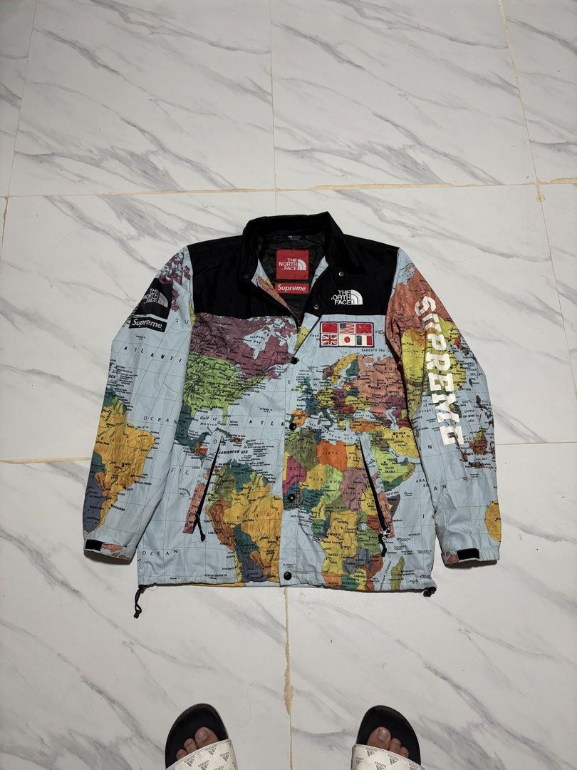 Supreme x The North Face Map Jacket (Category: Coats, Jackets and Outerwear) located in Baguio. Submitted by thriftedbaguio (Listing ID 1470596664, Image 1). Description: Very Good Condition Size Xlarge Tagged Dimensions 23*29 Color rate 10 Very minor cracks on print.