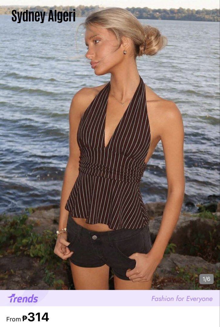 Halter top - Brown (Category: Sleeveless) located in Quezon City. Submitted by duhyounjung (Listing ID 1470617947, Image 1). Description: size: xxs ⋆˚꩜｡ deep v-neck ⋆˚꩜｡ open back ⋆˚꩜｡ chic look when paired with denim jeans — — used once 📍qc.