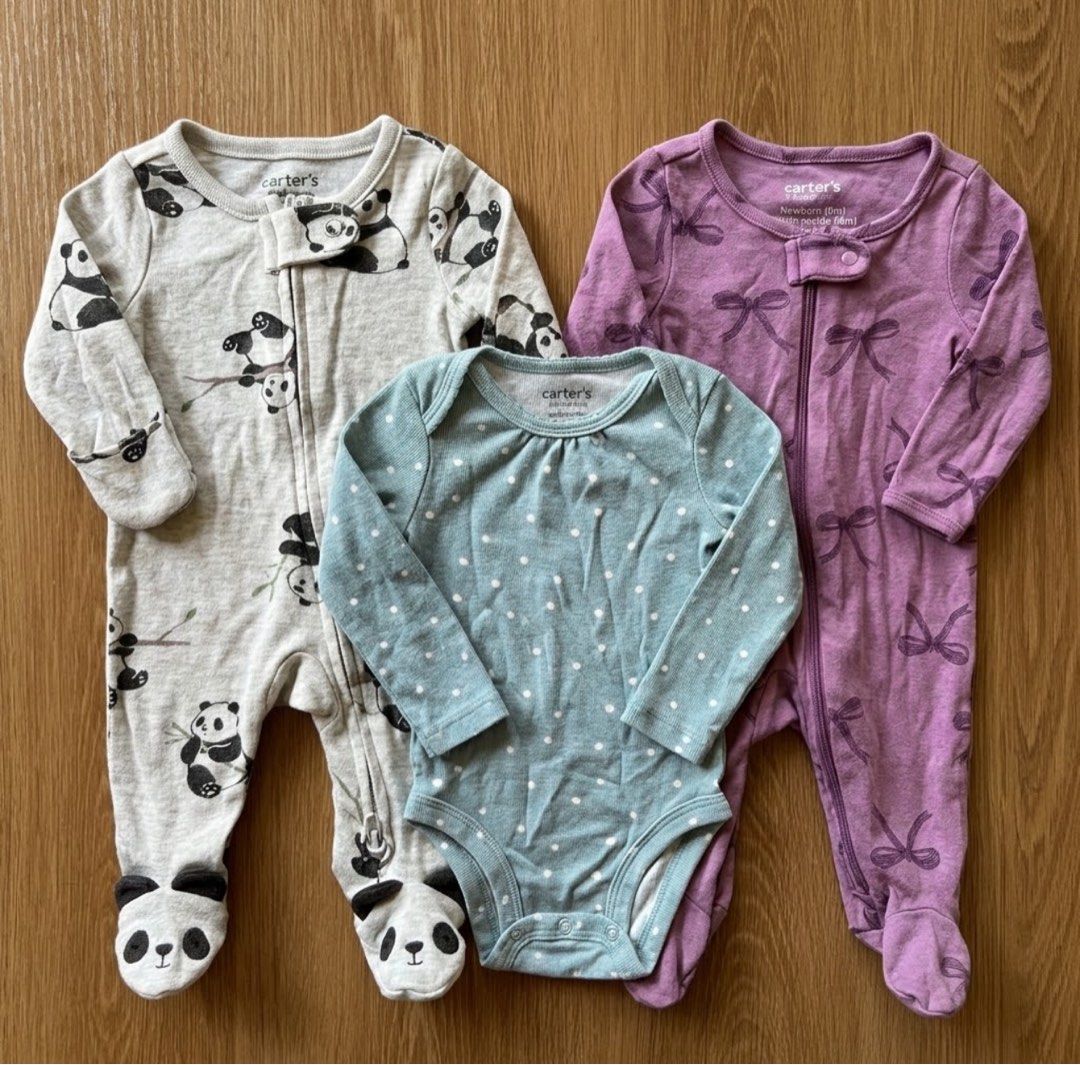 TAKE ALL! Carter's Baby Sleepsuits and Bodysuit Bundle (Category: Babies & Kids Fashion) located in Quezon City. Submitted by sisyphus.happy (Listing ID 1470593005, Image 1). Description: - 3-piece newborn set: grey panda sleepsuit, purple bow sleepsuit, and light blue polka dot long sleeve bodysuit - Size: Newborn - Material: Ultra-soft cotton for delicate newborn skin - Features: Convenient zip and snap closures for quick and easy diaper change