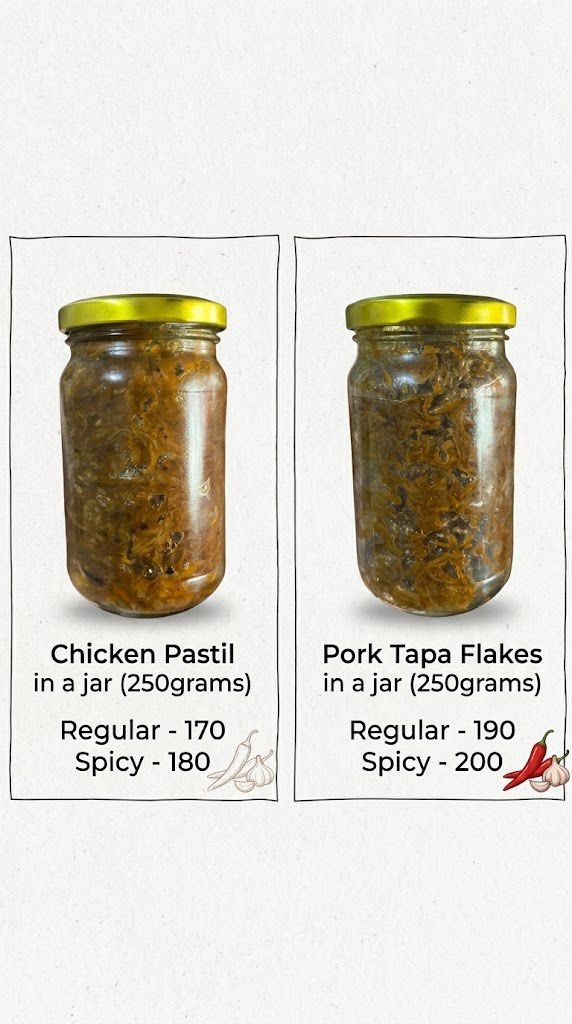Tapa flakes and Chicken pastil (Category: Packaged & Instant Food) located in Manila. Submitted by prelovedstuffs108 (Listing ID 1470622749, Image 1). Description: 🐓chicken pastil in a jar (250grams) regular- 170 spicy-180 🐷pork tapa flakes in a jar (250grams) regular- 190 spicy- 200 📍San dionisio, Paranaque.