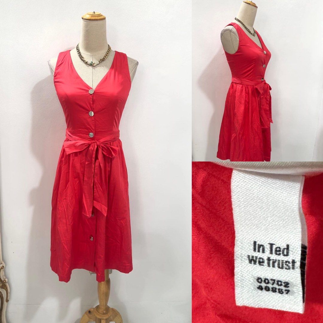 Ted Baker Red Sleeveless Button-Down Midi Dress (Category: Dresses) located in Bacolod City. Submitted by bhabissagal-05763 (Listing ID 1470653742, Image 1). Description: - Brand: Ted Baker - Color: Vibrant red - Style: Sleeveless midi dress with V-neckline and flared A-line skirt - Details: Functional front button placket and matching waist tie sash - Length: Knee-length - Fabric: Structured and high-quality - Special Feature: Inner collar label