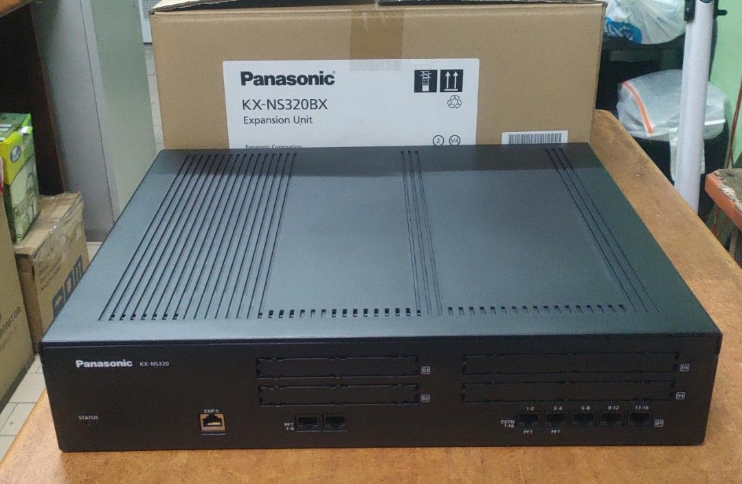 Telephone Panasonic KX-NS320BX Expansion Unit (Category: Office & Business Technology) located in Manila. Submitted by swiftpenguin_fd0d09 (Listing ID 1470614041, Image 1). Description: - Model: Panasonic KX-NS320BX expansion unit - Condition: Working, clean, and ready for setup - Features: Multiple front-panel ports including RJ45 and status indicators - Inclusions: Original cardboard box included - Ideal Use: Great add-on for scaling up office 
