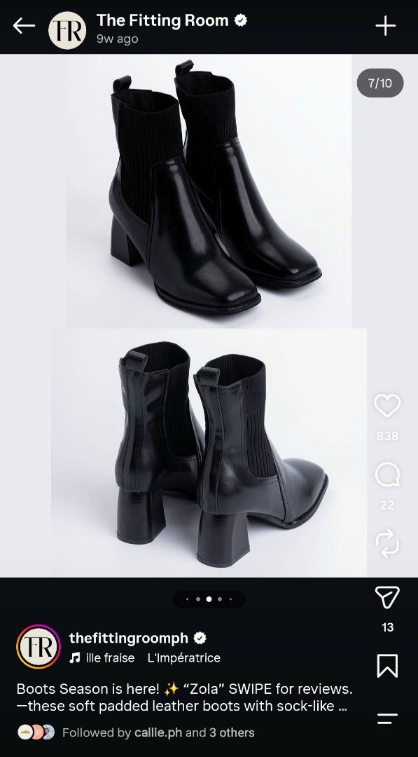 The Fitting Room Zola Soft Padded Leather Boots (Category: Boots) located in Quezon City. Submitted by cgthreena (Listing ID 1470708413, Image 1). Description: - Brand/Model: The Fitting Room Zola Boots - Color: Classic Black - Material: Soft padded leather with a comfortable sock-like ribbed knit ankle panel - Design Details: Trendy square toes, chunky block heels, and convenient pull loops at the back - Condition: Excellent, used only once - St
