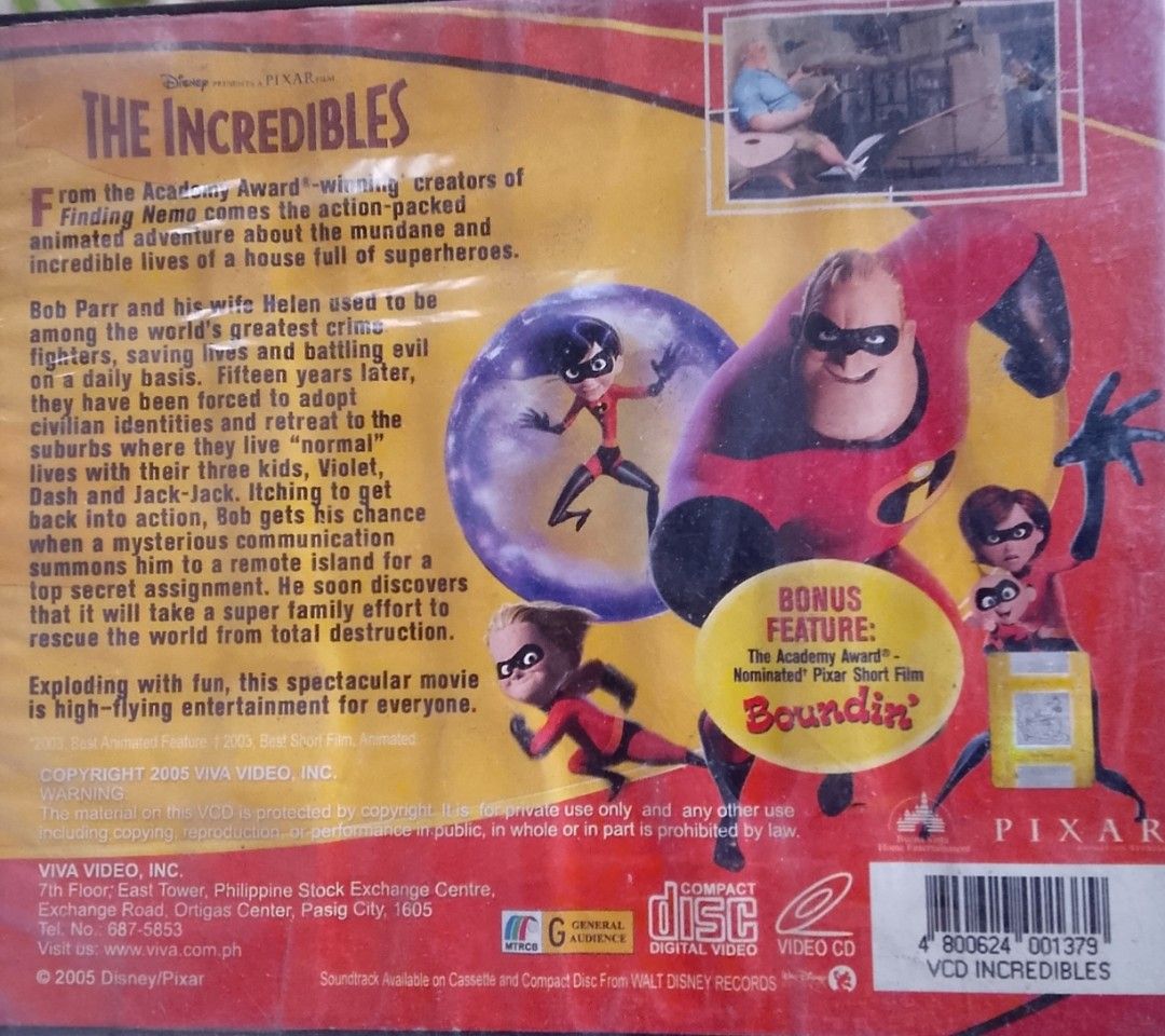 The Incredibles (VCD) (Category: CDs & DVDs) located in Quezon City. Submitted by cyp_69 (Listing ID 1470558643, Image 2). Description: Never been used. NM condition .
