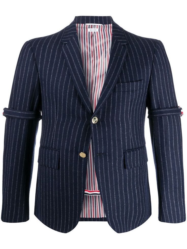 Thom Browne navy blue chalk-stripe blazer (Category: Activewear) located in Manila. Submitted by mankindarchivesv2 (Listing ID 1470692254, Image 1). Description: Thom Browne navy blue chalk-stripe blazer featuring signature sleeve armbands, gold-tone buttons, and striped lining Size: 2 Excellent condition / No hidden issue Price: 6000 php Mode of payment G cash Bank Courier Jnt lalamove Pm me if interested .