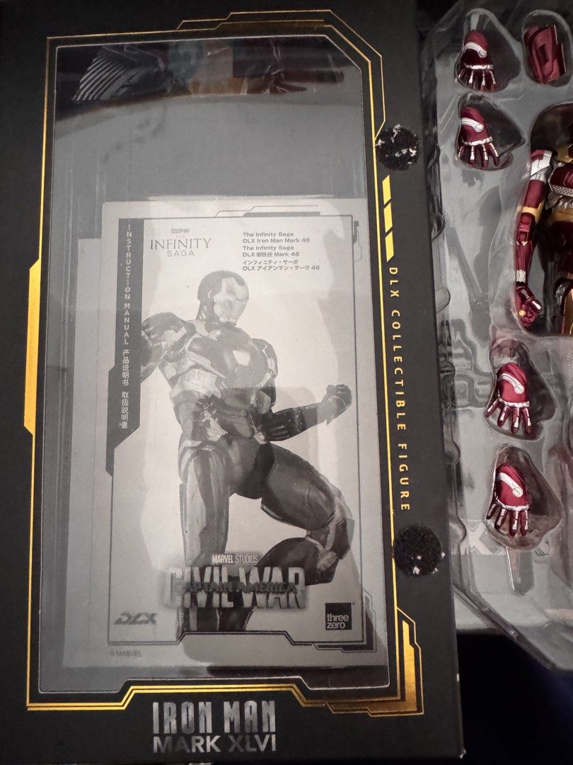 Threezero DLX Iron Man Mark 46 (Category: Figurines & Statues) located in Davao. Submitted by muhammadbalindong (Listing ID 1470560255, Image 3). Description: - Figure: Threezero DLX Iron Man Mark 46 - Scale: 1/12 - Articulation: Fully poseable collectible figure - Paint: High-quality, realistic metallic finish - Accessories: Multiple interchangeable hands and arm missile parts - Inclusion: Original box and instruction manual included - Condition