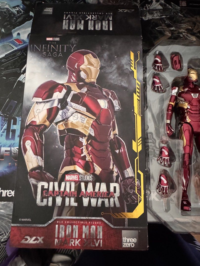 Threezero DLX Iron Man Mark 46 (Category: Figurines & Statues) located in Davao. Submitted by muhammadbalindong (Listing ID 1470560255, Image 2). Description: - Figure: Threezero DLX Iron Man Mark 46 - Scale: 1/12 - Articulation: Fully poseable collectible figure - Paint: High-quality, realistic metallic finish - Accessories: Multiple interchangeable hands and arm missile parts - Inclusion: Original box and instruction manual included - Condition