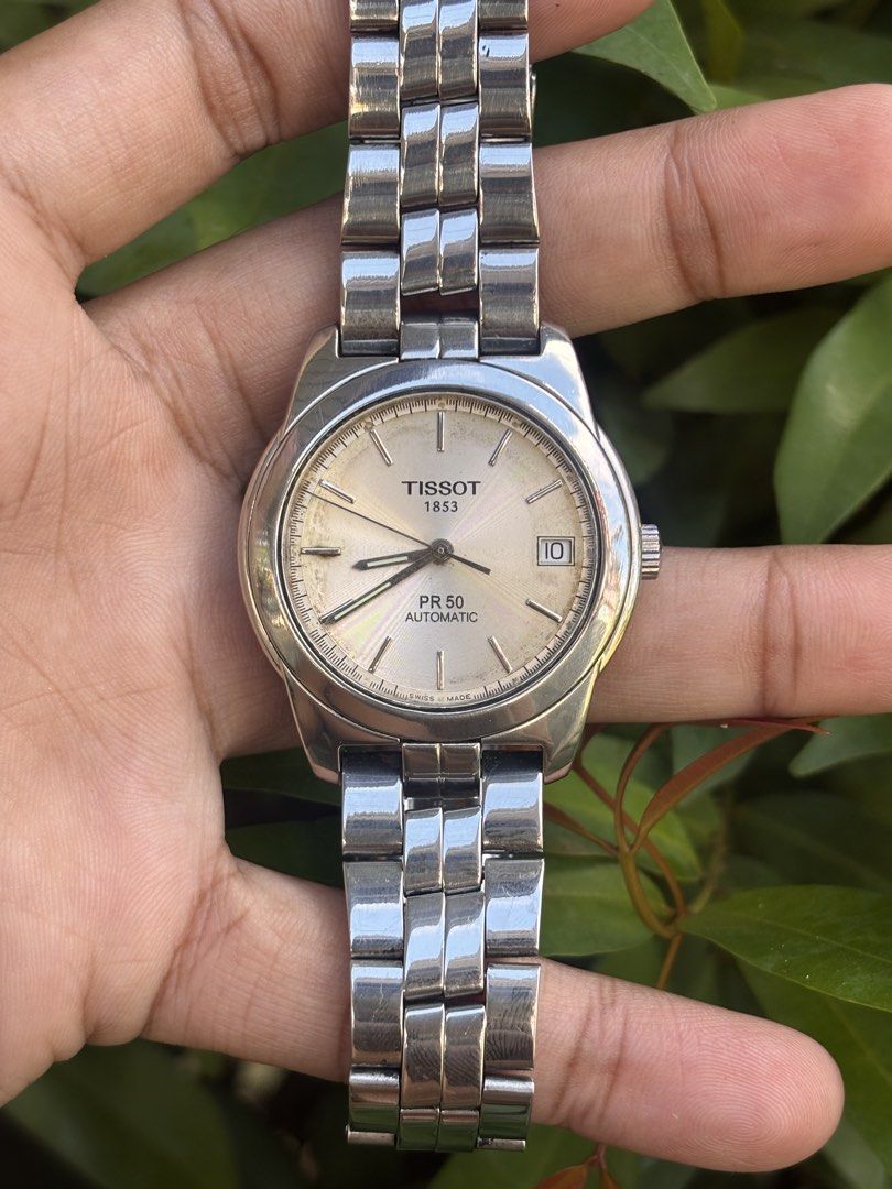 Tissot PR 50 Automatic (Category: Men's Watches) located in Tuguegarao City. Submitted by jeremymanuel0104 (Listing ID 1470702548, Image 1). Description: Tissot PR 50 Automatic (Model: T34.1.483.31 / Ref: J374/474K), featuring a silver-tone dial, stainless steel case and bracelet, sapphire crystal, and an ETA 2824-2 automatic movement, with patina dial. • Case Size: ~36 mm • Crystal: Sapphire crystal • Movement: Swiss ETA 2824-2 automatic • Water
