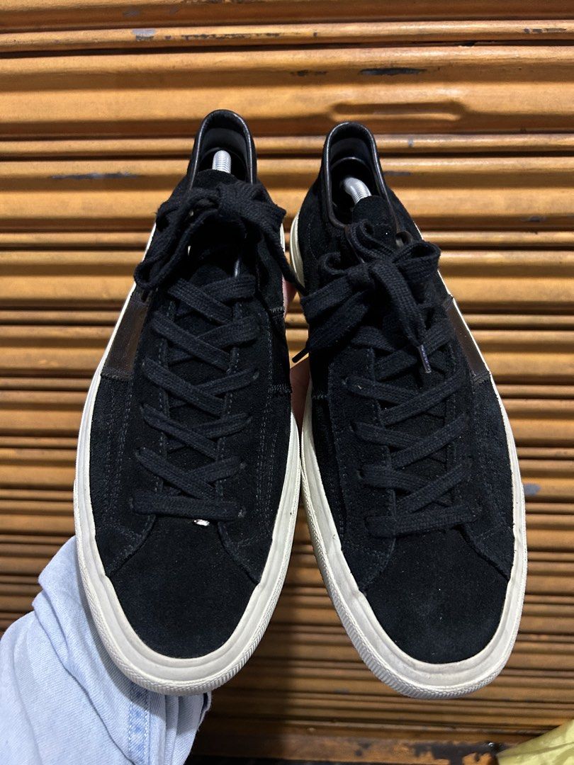 Tom Ford Black Suede Sneakers (Category: Sneakers & Footwear) located in Angeles City. Submitted by cassey_phoenix (Listing ID 1470653127, Image 2). Description: - Brand: Tom Ford - Style: Classic low-top lace-up sneakers - Material: Premium black suede with comfortable leather insoles - Soles: Thick white rubber soles with Tom Ford logo embossed on the bottom - Details: Signature Tom Ford logo plaque on the back heel, Made in Italy stamp - Condi