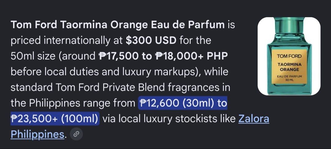 Tom Ford Taormina Orange Eau de Parfum 100ml (Category: Fragrance & Deodorants) located in Makati City. Submitted by jpare (Listing ID 1470574081, Image 2). Description: - Brand: Tom Ford - Fragrance: Taormina Orange Eau de Parfum - Size: 100ml bottle - Condition: Unused, pristine, and properly stored - Packaging: Includes original teal box - Scent Profile: Citrus with white floral, sweet, woody, and earthy notes - Gender: Unisex - Guaranteed aut