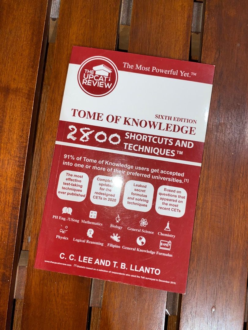 Tome Of Knowledge 2800 Shortcuts And Techniques Sixth Edition (Category: Textbooks) located in Pateros City. Submitted by strawberhyun (Listing ID 1470685585, Image 1). Description: - Title: Tome of Knowledge (6th Edition) - Authors: C.C. Lee and T.B. Llanto - Content: 2,800+ shortcuts and techniques for UPCAT and college entrance tests - Subjects Covered: Mathematics, Science, English, Filipino, and Logical Reasoning - Condition: Clean pages, re