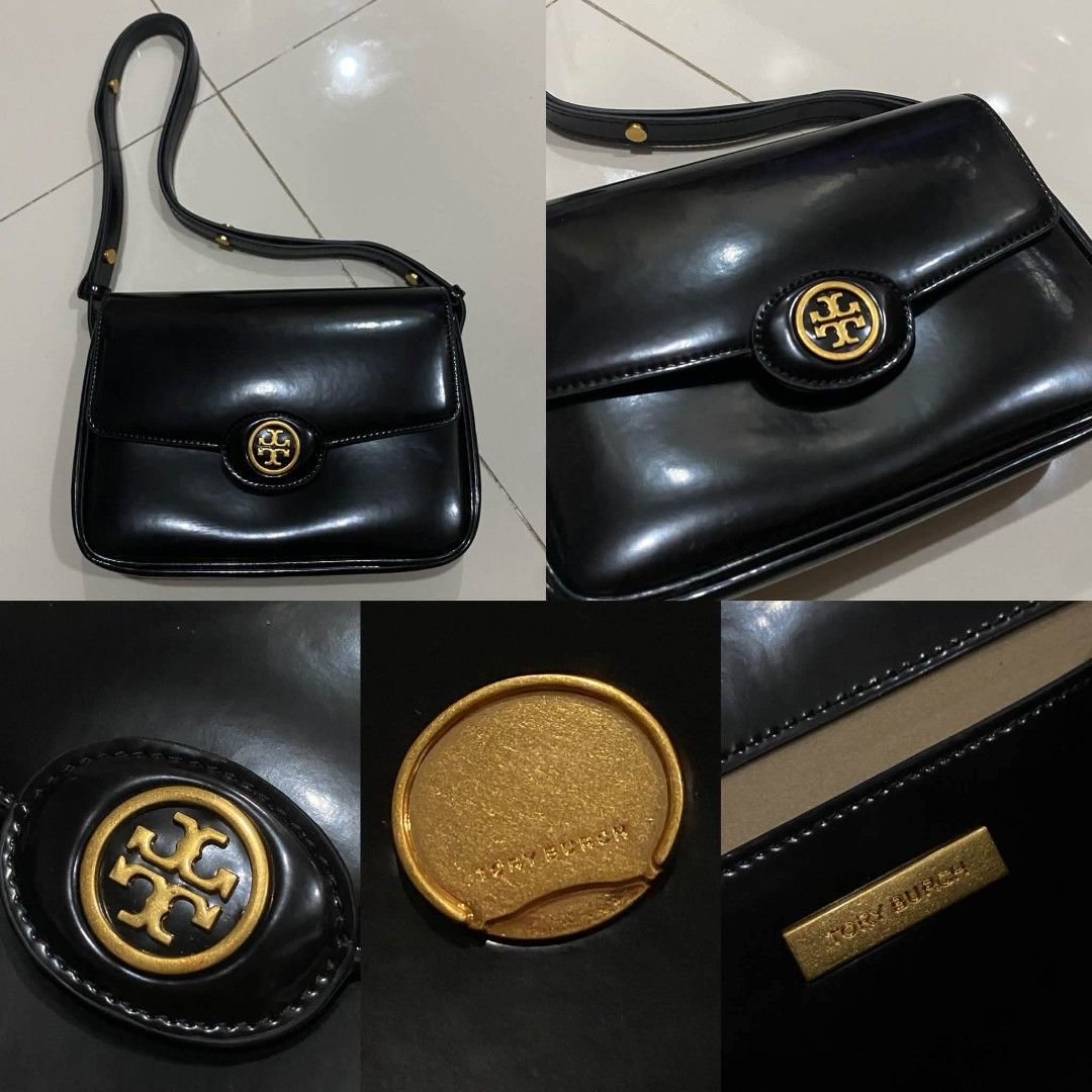 Tory Burch Black Patent Leather Shoulder Bag (Category: Shoulder Bags) located in Quezon City. Submitted by camilla23 (Listing ID 1470572572, Image 1). Description: - Brand: Tory Burch - Material: Premium black patent leather with a clean, glossy finish - Design: Classic flap style with iconic gold-tone T logo medallion clasp - Hardware: Gold hardware with matching gold stud details on the strap - Strap: Adjustable for comfortable wear - Interior