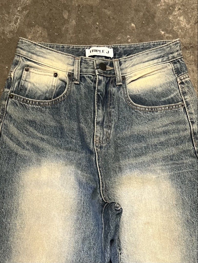 Triple J Sandblasted Baggy Pants (Category: Jeans) located in Iloilo. Submitted by astaaa777 (Listing ID 1470620012, Image 2). Description: 27-28 waist 41 length 9 lo - Brand/Model: Triple J Denim Jeans - Fit/Style: Wide leg silhouette, relaxed fit - Details: Heavy built-in distressing, classic button and zip fly, belt loops - Material: Good weight, durable cotton denim - Condition: Great pre-loved/ready to wear (as applicable).