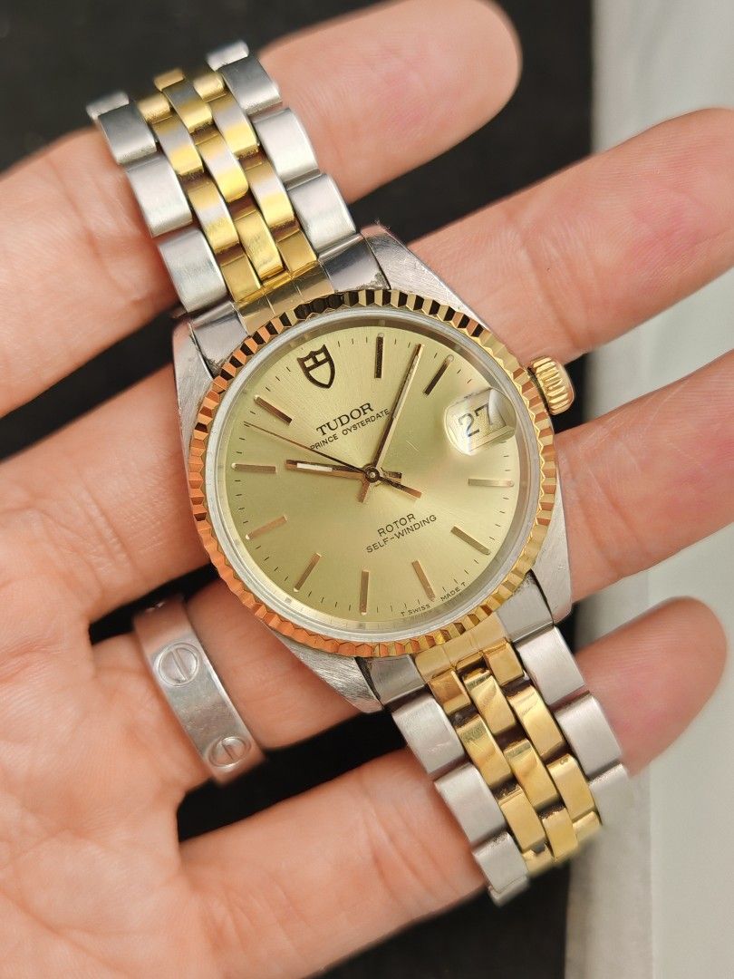 Tudor Prince Date 32mm (Category: Men's Watches) located in San Juan City. Submitted by MW_888 (Listing ID 1470692201, Image 3). Description: Tudor Prince Date 32mm 'Mid size' - a bit larger than junior size Two tone, solid gold bezel B serial, 1995/1996 - period correct with the bracelet 8.5/10 condition Inclusions: watch, original Tudor bracelet fit to approx 7.5" wrist (brscelt stretch consistent to age) *photo reference on 6.5" wrist 85k.