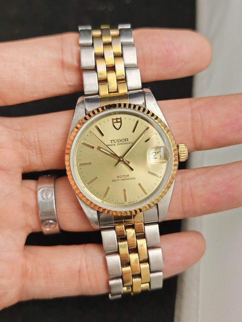 Tudor Prince Date 32mm (Category: Men's Watches) located in San Juan City. Submitted by MW_888 (Listing ID 1470692201, Image 2). Description: Tudor Prince Date 32mm 'Mid size' - a bit larger than junior size Two tone, solid gold bezel B serial, 1995/1996 - period correct with the bracelet 8.5/10 condition Inclusions: watch, original Tudor bracelet fit to approx 7.5" wrist (brscelt stretch consistent to age) *photo reference on 6.5" wrist 85k.