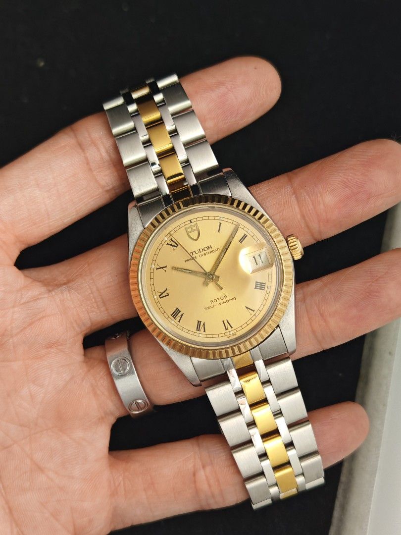 Tudor Prince Date 34mm 'buckley dial' (Category: Men's Watches) located in San Juan City. Submitted by MW_888 (Listing ID 1470696447, Image 2). Description: Tudor Prince Date 34mm 'Buckley dial' Fluted gold bezel 'Rolex crown and caseback Ref 74033 8.8/10 condition Inclusions: watch, replacement bracelet with Tudor markings fit to approx 8" wrist and watch case *photo reference on 6.5" wrist *owner misplaces the original bracelet 100k.