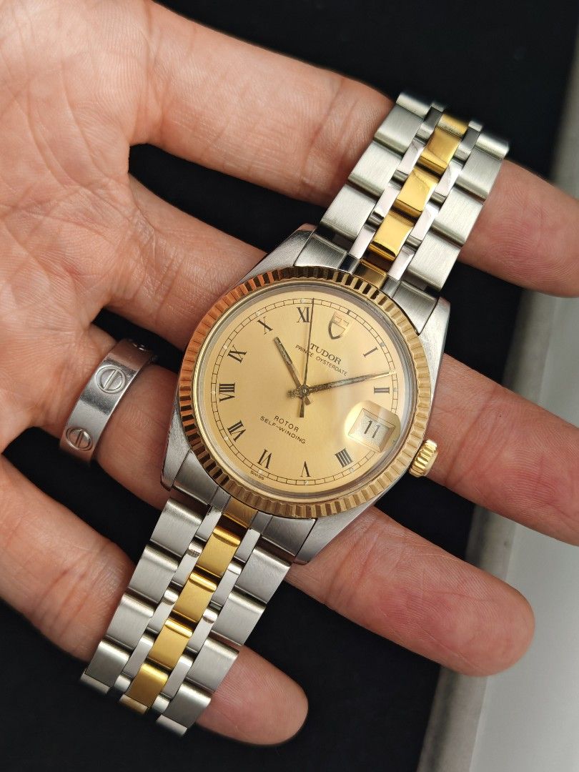 Tudor Prince Date 34mm 'buckley dial' (Category: Men's Watches) located in San Juan City. Submitted by MW_888 (Listing ID 1470696447, Image 1). Description: Tudor Prince Date 34mm 'Buckley dial' Fluted gold bezel 'Rolex crown and caseback Ref 74033 8.8/10 condition Inclusions: watch, replacement bracelet with Tudor markings fit to approx 8" wrist and watch case *photo reference on 6.5" wrist *owner misplaces the original bracelet 100k.