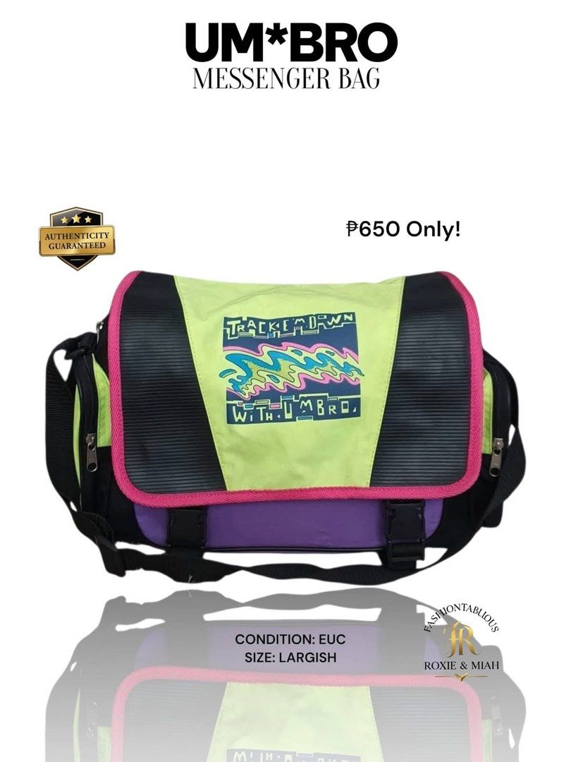 UMBRO MESSENGER BAG 💥 (Category: Sling Bags) located in Mandaluyong City. Submitted by luxprelovedbagsparadise (Listing ID 1470596623, Image 2). Description: 🔥 UMBRO VIBES WITHOUT THE BIG SPENDING! 🔥 Streetwear game? ON POINT. 😎👜 💥 UMBRO MESSENGER BAG — ₱650 ONLY! 💥 Why blend in when you can stand out? 💚💜💗 This bold, colorful messenger bag brings that retro street-style vibe while giving you the space you need for your everyday essentia