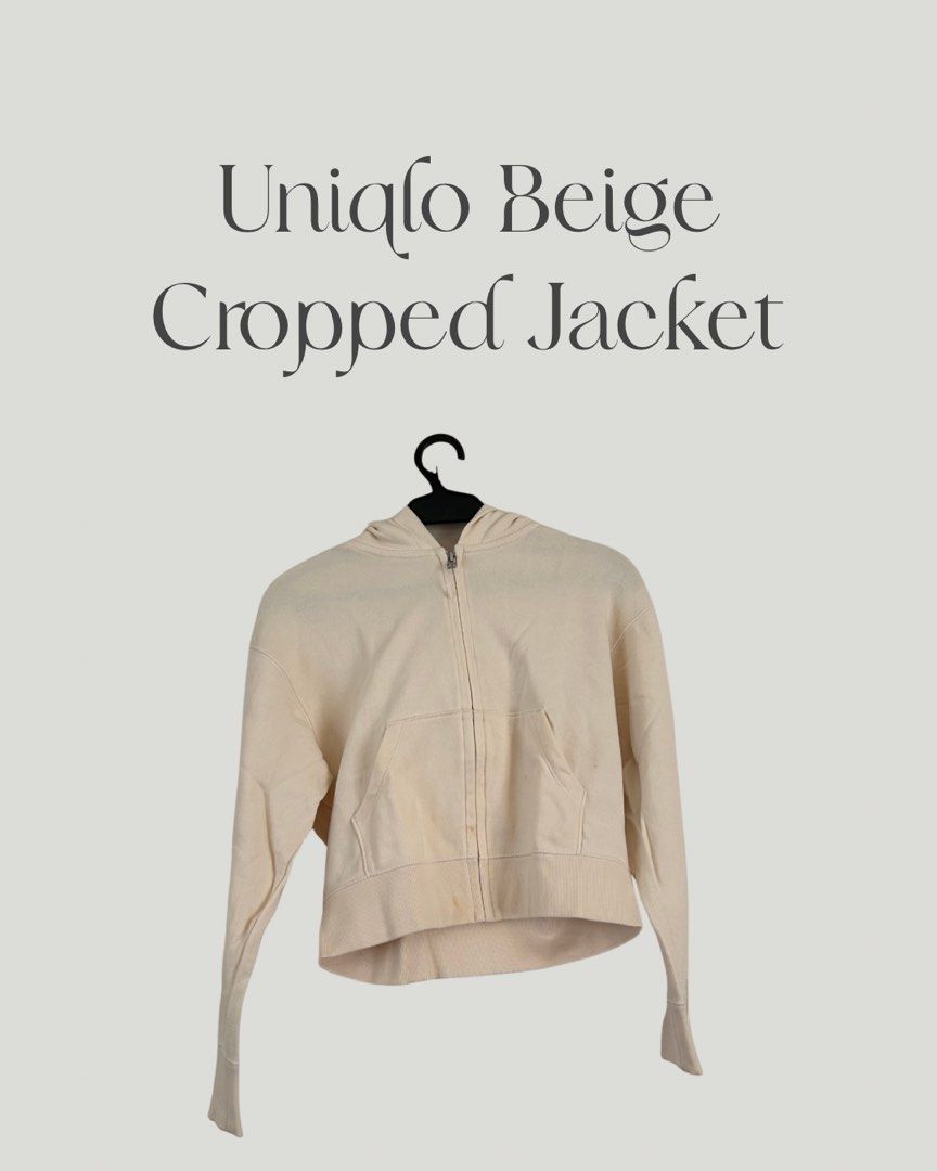 Uniqlo Beige Cropped Jacket (Category: Coats, Jackets and Outerwear) located in Paranaque City. Submitted by jackie.g (Listing ID 1470598210, Image 1). Description: - Brand: Uniqlo - Color: Versatile neutral beige - Style: Cropped jacket with attached hood and front zipper - Features: Practical front kangaroo pocket, ribbed hem and cuffs - Fit & Use: Great easy-layering piece for cooler weather that matches almost any outfit - Condition: Minor st