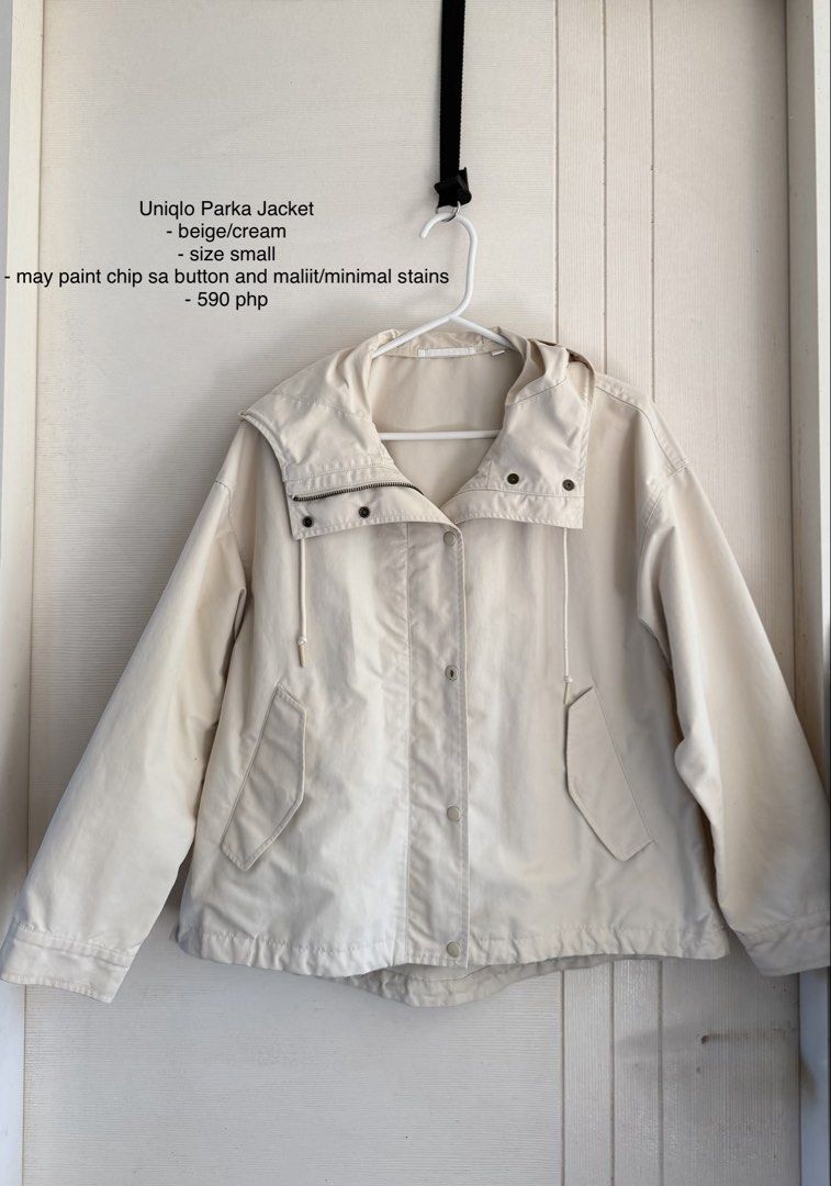 Uniqlo Parka Jacket Beige Size Small (Category: Coats, Jackets and Outerwear) located in Manila. Submitted by cinnmoroll (Listing ID 1470597074, Image 1). Description: - Brand: Uniqlo - Item: Lightweight Parka Jacket - Color: Beige / Cream - Size: Small - Condition: Still very wearable, but has minor flaws (paint chip on one button and small, minimal stains on the sleeves) - Note: Please check the close-up photos for the exact condition of the fl