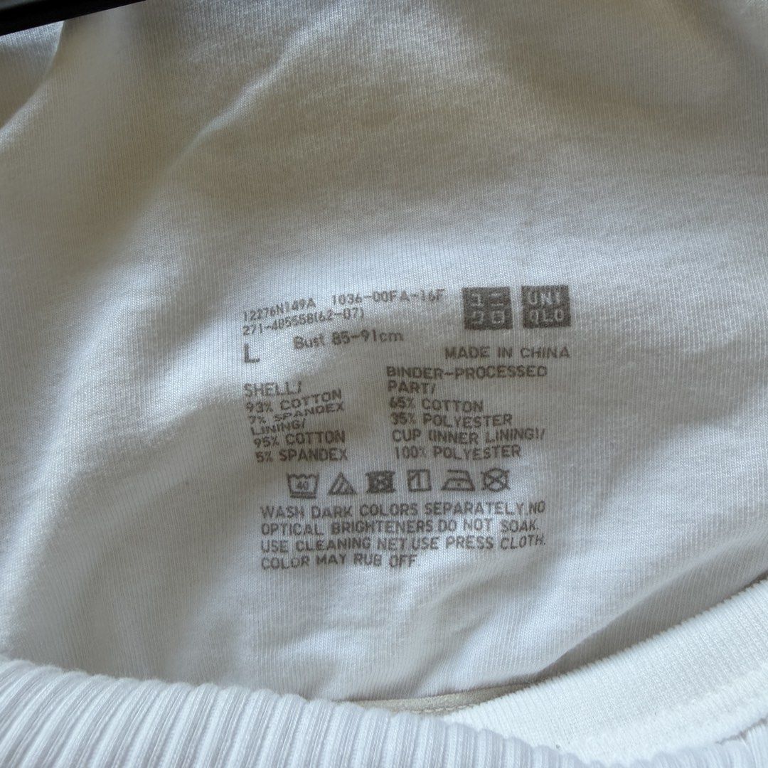 Uniqlo White Ribbed Spaghetti Strap Bra Top (Category: Sleeveless) located in San Pedro. Submitted by clothingbyklar (Listing ID 1470559820, Image 3). Description: Bought from the store and just washed RFS: Realized after that I had a similar top already Large on tag but stretches until semi XL :) I love love love Uniqlo bra tops!!!.