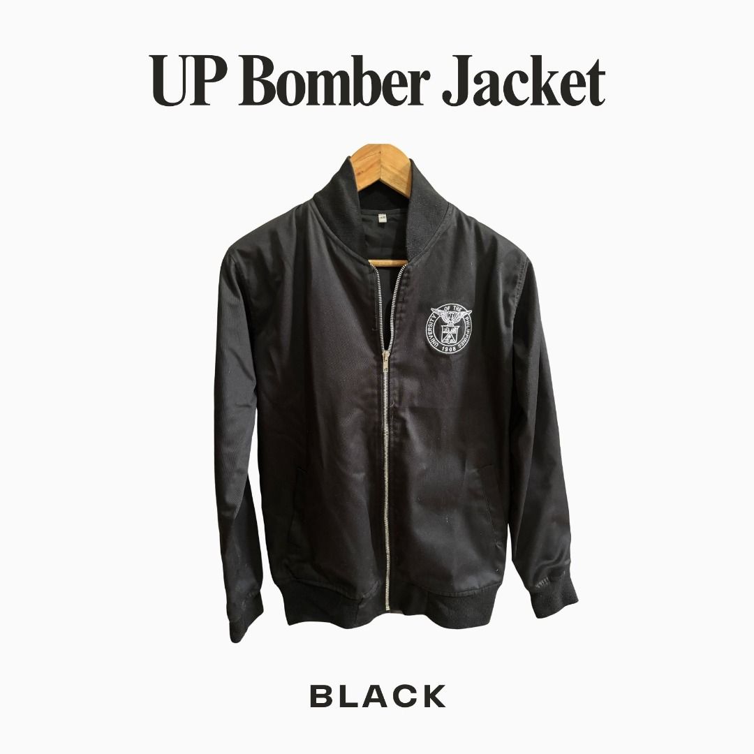 UP Bomber Jacket Black Size XS Men (Category: Coats, Jackets and Outerwear) located in Guiguinto. Submitted by mariejenna.b (Listing ID 1470578451, Image 1). Description: - Color: Black - Size: XS (Men) Length: 26, Chest: 21 - Design: Embroidered University of the Philippines seal on the chest and bold lettering on the back - Closure: Silver front zipper - Condition: Never worn Purchased from upbeat website for PHP 1000+ RFS: Decluttering my clos