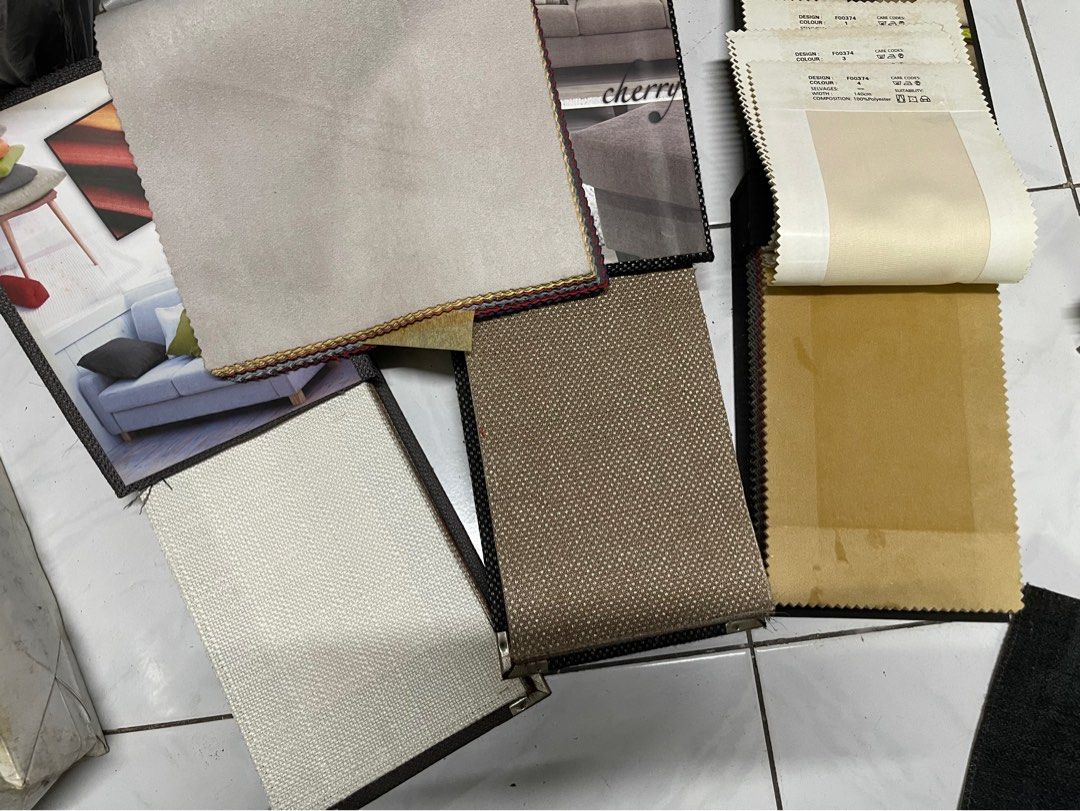 Upholstery Fabric Swatch Book Sample Set (Category: Stationery & School Supplies) located in Pasay City. Submitted by theclutterfree (Listing ID 1470632093, Image 2). Description: TAKE ALL Fabric swatch book with multiple sample textures and colors - Includes woven white, grey suede, bronze patterned weave, mustard yellow, and cream fabrics - Design: F00374 - Composition: 100% polyester .