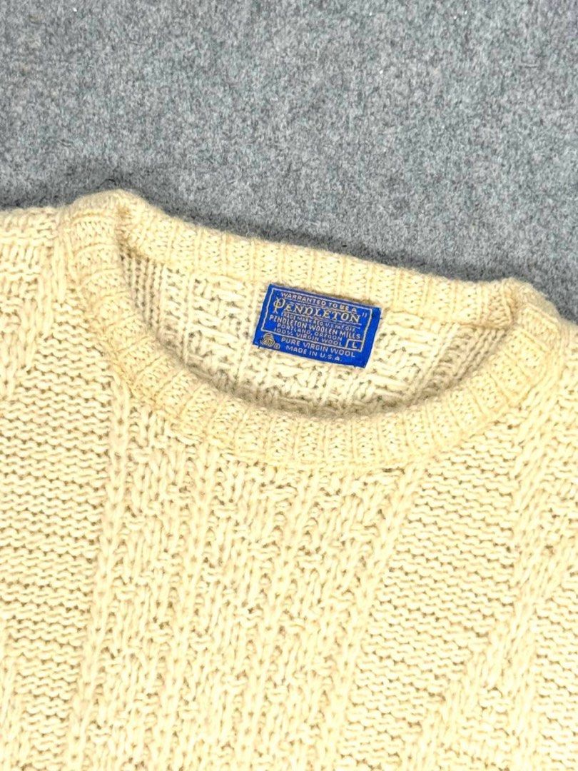 Vintage 70s/80s Pendleton Wool Cable Knit Sweater (Category: Coats, Jackets and Outerwear) located in Zamboanga. Submitted by zhifay (Listing ID 1470656819, Image 2). Description: Vintage 70s/80s Pendleton Wool Cable Knit Sweater "Pendleton Woolen Mills" vintage cable knit crewneck sweater. Made in the USA from premium 100% pure virgin wool. Features a thick, chunky knit structure with detailed diamond texture patterns in a classic cream colorway