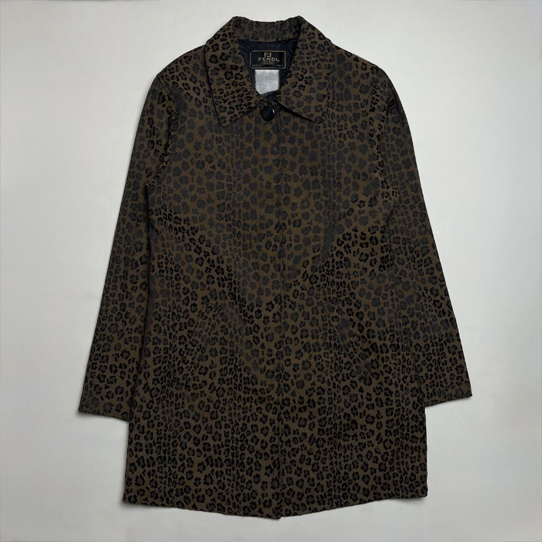 Vintage Fendi Leopard Print Coat (Category: Coats, Jackets and Outerwear) located in Caloocan City. Submitted by achilles_grails (Listing ID 1470563353, Image 1). Description: - Authentic Fendi designer jacket - Bold all-over leopard jacquard pattern in rich brown and black - Tailored collar with a chic single-button top closure - Structured silhouette hitting around mid-thigh - Made in Italy with signature branded inner lining tag - Perfect stat