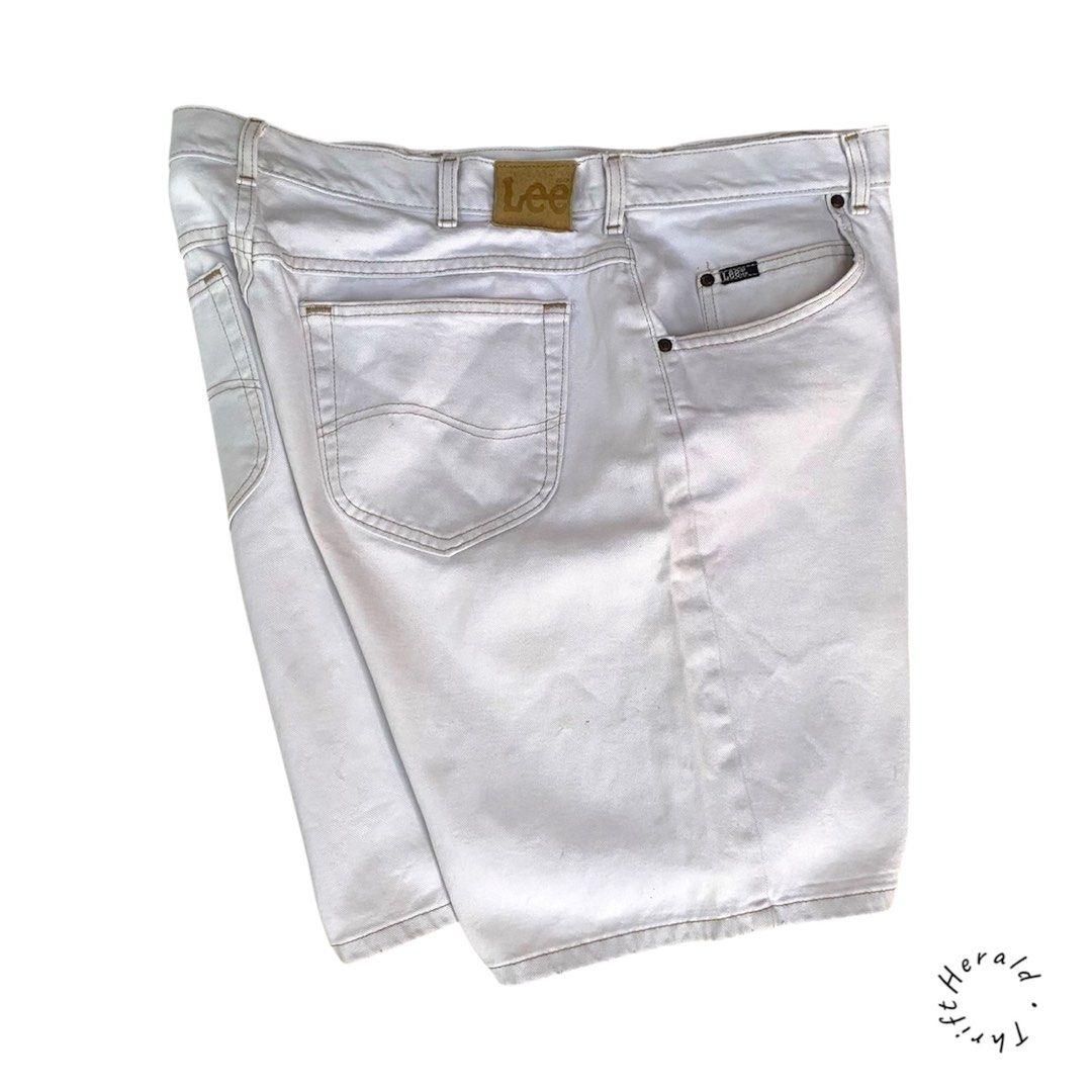 Vintage Lee Denim Shorts White (Category: Shorts) located in Dagupan City. Submitted by marinonghustler (Listing ID 1470577391, Image 2). Description: - Authentic white Lee denim shorts - Heavy twill fabric construction for durability - Size: X-large - Waistline 36’ - Length 20’ - Hem 13’ - Classic 5-pocket styling with front coin pocket - Features iconic Lee logo tag and brown leather back patch -Condition: Very good condition - Pangasinan .