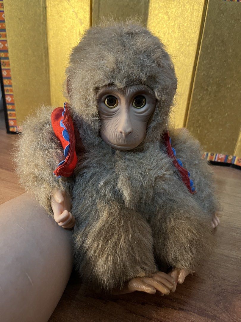 Vintage Monkey Plush Doll with Red Vest (Category: Plushies & Soft Toys) located in Gapan. Submitted by lunashop14 (Listing ID 1470637606, Image 1). Description: Furry plush monkey doll wearing a red vest with blue trim. Realistic vinyl face, hands, and feet with detailed fingers and toes. Expressive brown eyes. Soft brown fur coat. Cute collector's item or toy for monkey lovers..