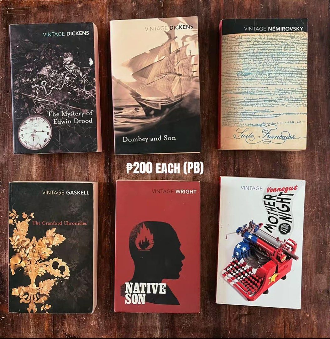 Vintage Paperback Books Dickens Gaskell Wright Nemirovsky Vonnegut (Category: Storybooks) located in Maragondon. Submitted by quilljoylibrary (Listing ID 1470662221, Image 1). Description: - Publisher: Vintage Classics - Format: Standard paperback - Price: ₱200 per book - Available Titles: - The Mystery of Edwin Drood - Dombey and Son - Suite Française - The Cranford Chronicles - Native Son - Mother Night - Condition: Great reads, perfect for you