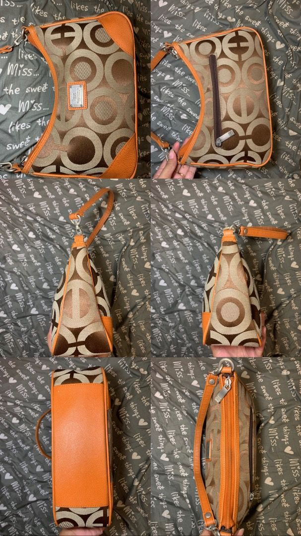 Vintage patterned shoulder bag in brown and orange (Category: Shoulder Bags) located in Pasay City. Submitted by bhibeboutique (Listing ID 1470724378, Image 3). Description: - Brown and orange patterned fabric shoulder bag with bold orange trim and corner patches - Secure top zipper closure with a comfortable single strap attached via sturdy metal hardware - Exterior back zip pocket for quick access to essentials - Stylish branded metal logo plat