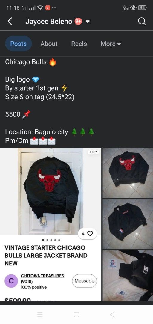 Vintage Starter 1st Gen Chicago Bulls Jacket (Category: Coats, Jackets and Outerwear) located in Manila. Submitted by ramosjacqu35241 (Listing ID 1470739449, Image 1). Description: For sale ‼️ Chicago Bulls 🔥 Big logo 💎 By starter 1st gen ⚡ Size S on tag (24.5*22) 5500 📌 Location: Baguio city 🌲🌲🌲 Pm/Dm 📩📩📩.