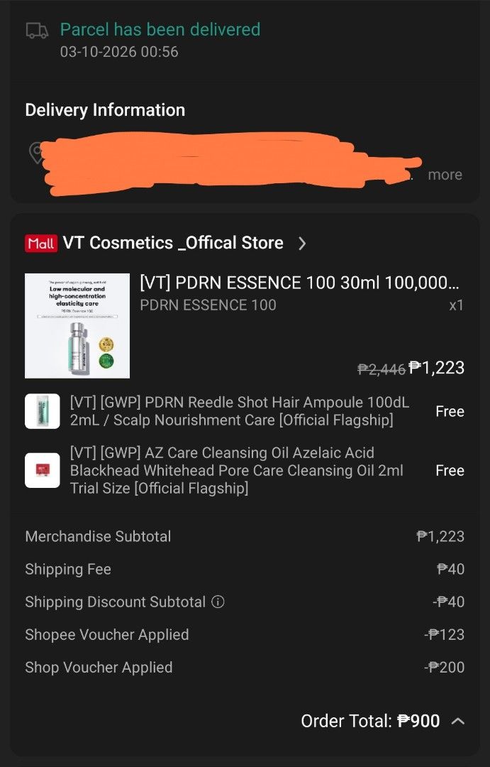 VT PDRN Essence 100 (30ml) (Category: Face Care) located in Taguig. Submitted by jeng_72023 (Listing ID 1470736654, Image 2). Description: Bought Oct 3rd (see screenshot). I used this for less than 2 weeks (about 8-10 pumps missing). RFS: not suitable for my oily skin. This will work better for those with normal to dry skin. Selling low just to get rid of it. Shipping from Taguig/Parañaque..