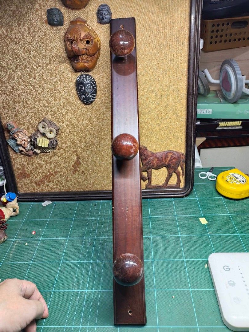 Wall-Mounted Coat & Hat Rack (Category: Home Improvement Tools & Accessories) located in Cebu City. Submitted by dudes_villanueva (Listing ID 1470616183, Image 2). Description: Wooden Wall-Mounted Coat & Hat Rack (3 Pegs) In good condition as is where is Length: 17.5in ​📌 Item: Solid wood wall rack with 3 round ball pegs for hanging coats, hats, bags, or keys 📌 Material: Hardwood with a rich, dark reddish-brown varnish finish 📌 Features: Pre-d