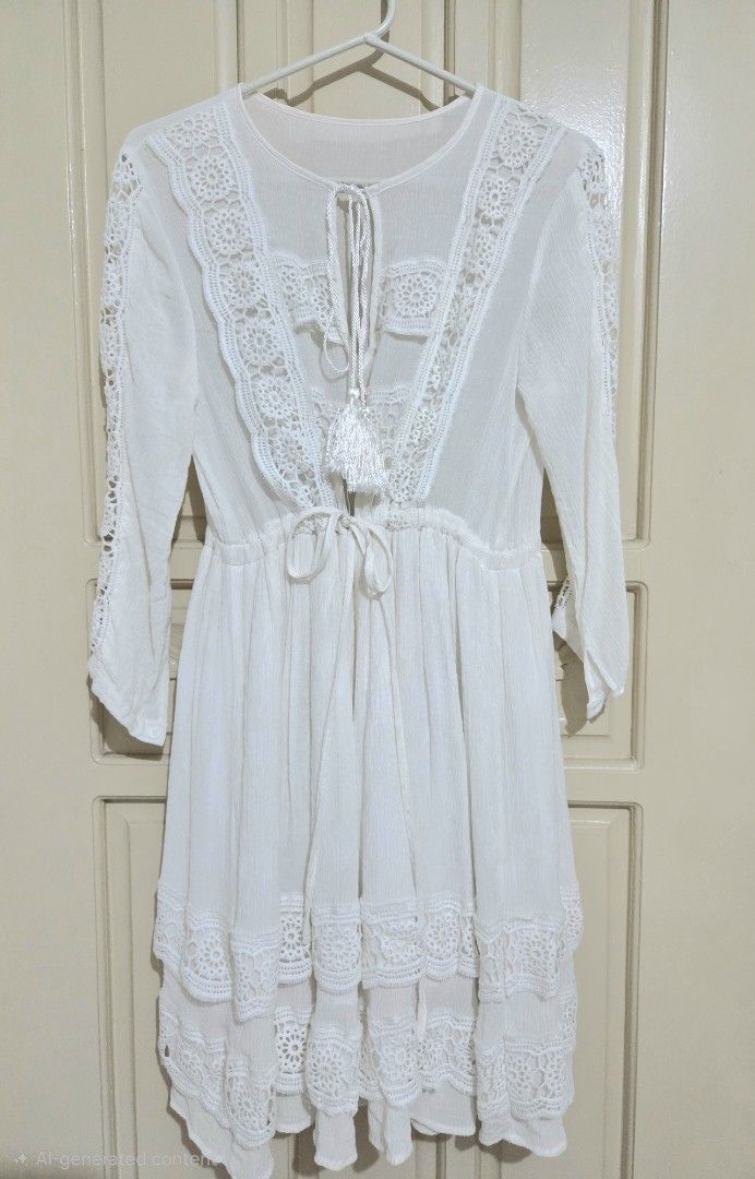 White Boho Lace Beach Dress Cover Up (Category: Dresses) located in Manila. Submitted by claaamss (Listing ID 1470654572, Image 1). Description: - Fits Medium to Large (with adjustable string) - Width: 17" up to 21", Length 37" Style: Bohemian white beach dress and cover-up - Details: adjustable ties for comfort - Closure: Drawstring neckline with cute tassel details - Fabric: Lightweight and breathable, perfect for sunny days and beach trips.